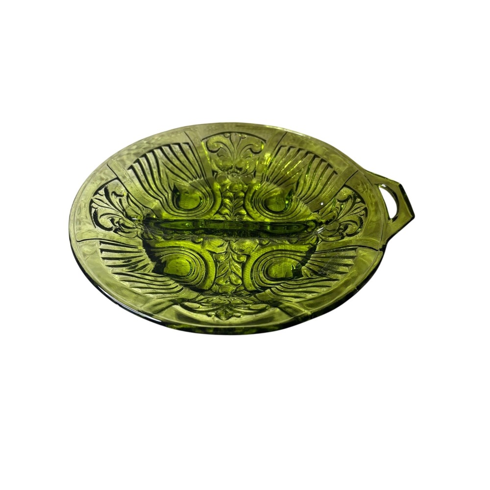 Indiana Glass VTG Killarney Avocado Green Divided Relish Dish W Handle